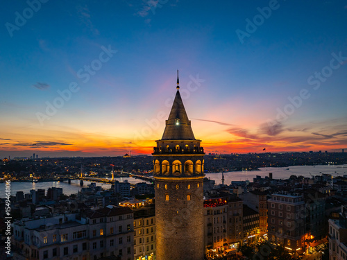 Photography Istanbul Icons Galata Tower in the Sunset Time Drone Photo, Galata Beyoglu, Ista