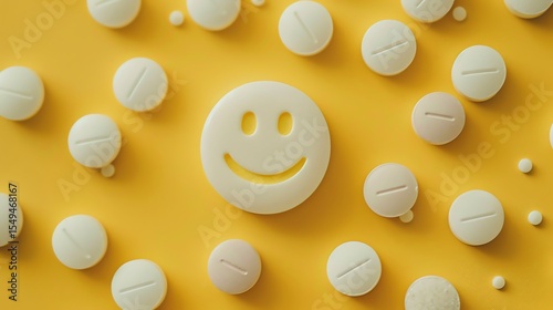 Happy pills. A bunch of white pills with one smiling face pill in the center on a yellow background.