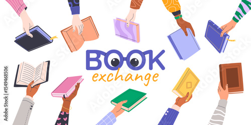 Book exchange or bookcrossing horizontal web banner. Human hands holding various books on white background. Literature event, World Book Day, Back to School. Education and knowledge concept. Vector.