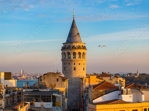 Istanbul Icons Galata Tower in the Sunset Time Drone Photo, Galata Beyoglu, Istanbul Turkiye (Turkey)
