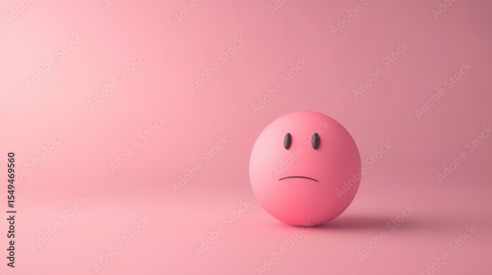 Fototapeta premium Pink Round Ball with Sad Face Expression on Soft Pink Background Capturing Feelings of Melancholy and Reflection in a Simple Design