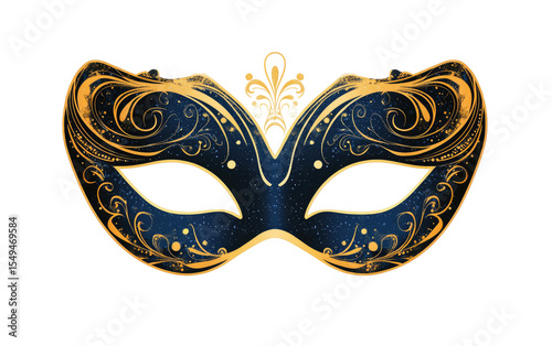 Ornate masquerade mask, navy blue with gold detailing