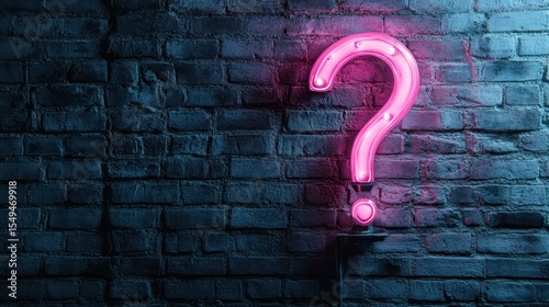 A striking neon pink question mark sign illuminated against a textured brick wall background, symbolizing inquiry, curiosity, and the quest for knowledge in modern design.