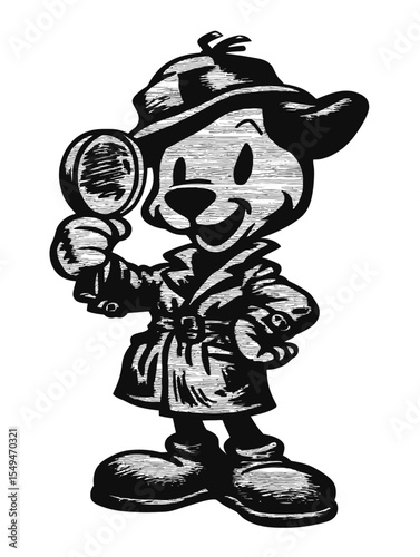 Detective character with magnifying glass in vintage black and white style