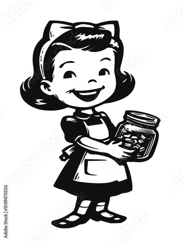 Vintage Cartoon Girl Holding Jar in Retro Style Illustration