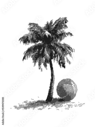 Artistic Black and White Palm Tree with Round Object in Background