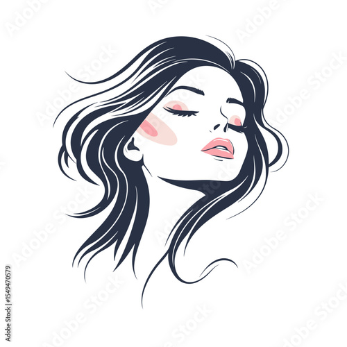  Beautiful woman with closed eyes and flowing hair in line art