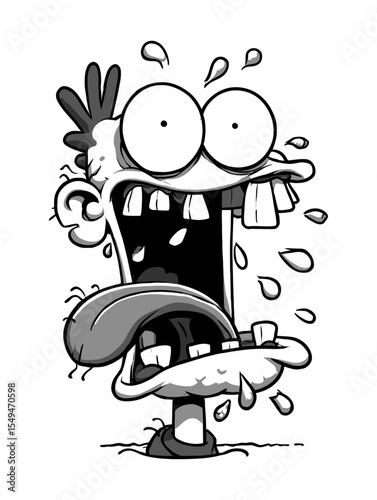 Cartoon Character with Open Mouth and Drool Expression in Black and White