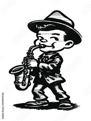Charming Retro Boy Playing Saxophone in Vintage Style Illustration