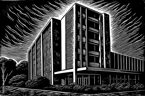 Smart building with energy-efficient design and digital surface patterns, a black and white sketch vector