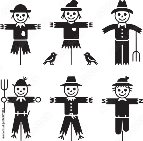 Six unique scarecrow illustrations black and white