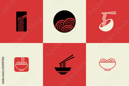Ramen and Noodle Vector Logos. Minimal Japanese Food Icons, Asian Cuisine Logo Set, Noodle Bowl Branding Pack