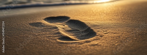 Close-Up View of Sole Imprint on Golden Sand Beach by Turquoise Ocean Wave at Sunset, Capturing Tranquility and Serenity of Coastal Life