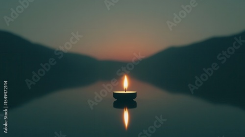 Serene candle flame reflecting on still water at sunset, surrounded by mountains creating a peaceful and tranquil atmosphere for relaxation and meditation