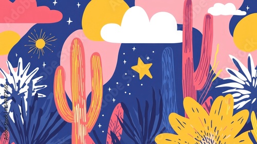 Colorful desert landscape at night, stylized with bold shapes and colors. Vivid cacti, flowers, clouds, and sun against a dark background