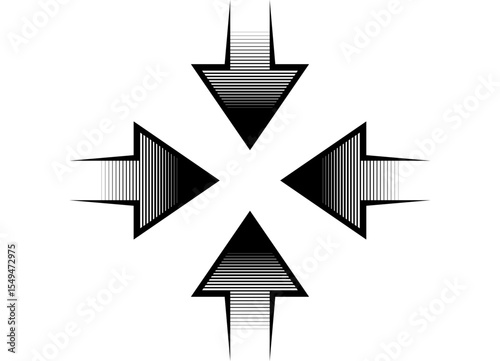 Pattern of four black striped arrows on a white background that converge in the center. Navigation design element, Direction indicator. Vector background. Epicenter