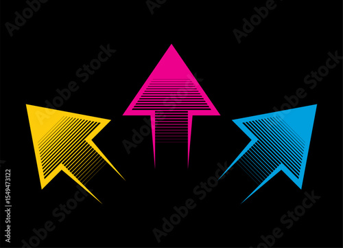 Dynamic Vector Pattern of three colored arrows on a black background. Design element for navigation, Direction indicator. Vector background.