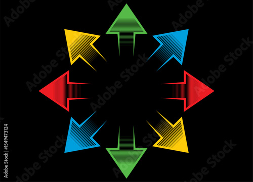 Pattern of colored striped arrows on a black background that diverge from the center in different directions. Navigation design element, Direction indicator. Vector background. Star, circle, Epicenter