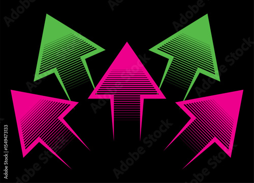 Dynamic Vector Pattern of five colored arrows on a black background. Design element for navigation, Direction indicator. Vector background.