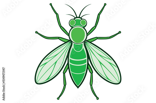 A vibrant green cartoon grasshopper with delicate wings is isolated on a white background, perfect for nature and insect-themed illustrations