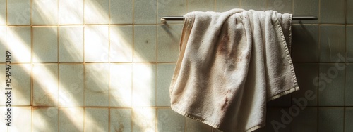 Soft Cotton Towel Hanging on Rack in Bathroom with Gentle Sunlight Casting Shadows on Textured Tiles