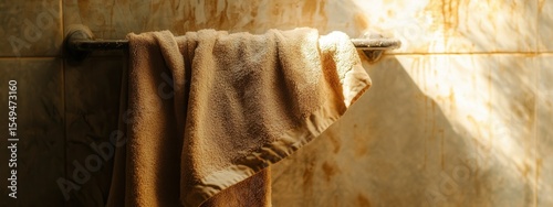 Soft and Cozy Bath Towel Hanging on a Rustic Metal Rack in a Warmly Dim Bathroom with Subtle Sunlight Filtering Through