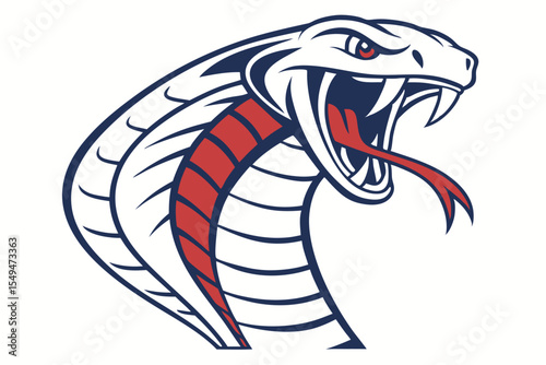 Intricate snake presents a white cobra with red highlights and blue borders poised to strike