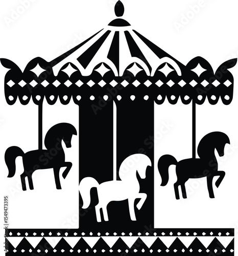 Carousel with horses isolated on transparent background in black and white