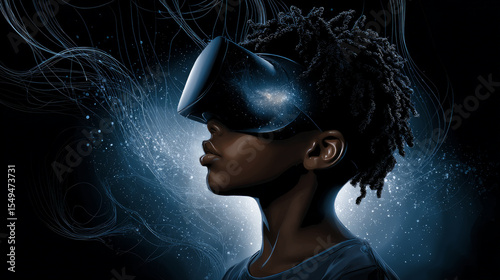 Wallpaper Mural Child using virtual reality headset for metaverse, child looking into VR glasses. Little girl boy with futuristic glasses having fun, teenager playing video games. Technology, simulator, oculus future Torontodigital.ca