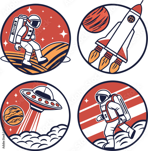 collection of vintage space-themed badge illustrations