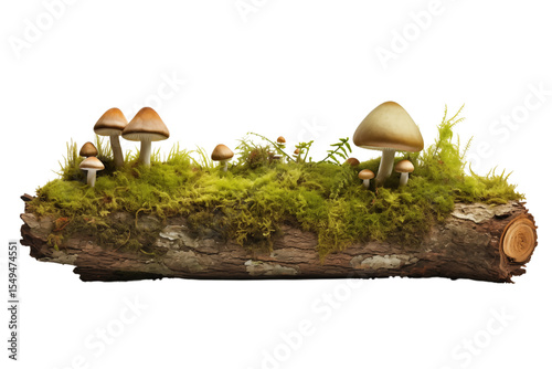 Enchanted Forest Fungi: Mossy Log with Mushrooms transparent background png
