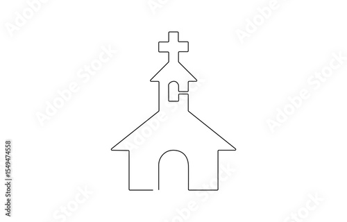 Continuous one simple single abstract line drawing of old church icon ,Church Single continuous line illustration ,  Vintage religion cathedral in editable stroke.