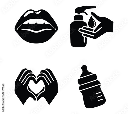 Black and White Icons Set Lips Lotion Bottle Hands Heart Baby Bottle mouth open mouth