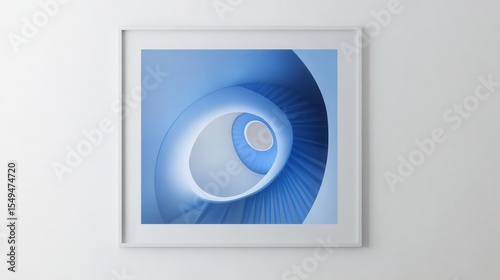 Abstract design featuring a spiral shape in blue tones set in a modern frame on a white wall, ideal for contemporary art and interior decor themes