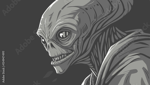 A striking black and white portrait of a man wearing a scary mask, featuring an evil, skull-like design, perfect for a horror-themed illustration