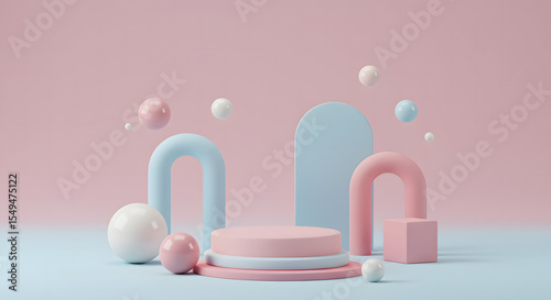 Pastel pink and blue abstract 3d render with geometric shapes and podium
