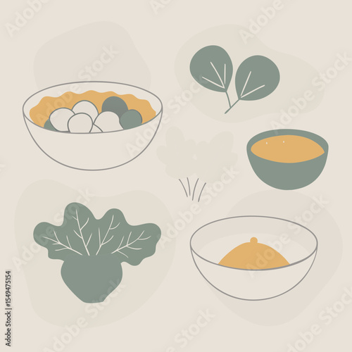 Culinary Harmony: An artistic arrangement of delectable bowls and fresh culinary ingredients. Minimalist aesthetic conveys a sense of freshness and purity in this modern composition.