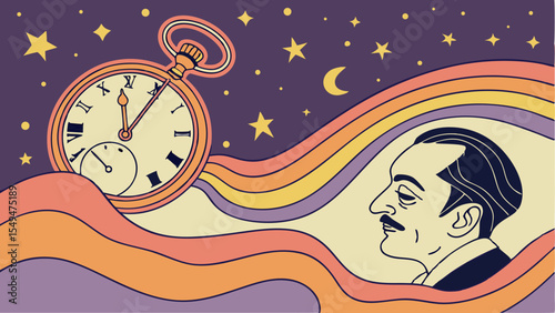 Vector art illustration of a girl with a moon and clock, embodying the beauty of winter night