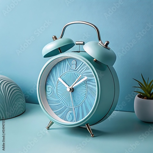 Elegant turquoise alarm clock displayed against a monochromatic blue backdrop with details photo