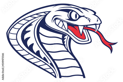 Cobra head with fangs showing and tongue sticking out aggressively looks fierce in navy