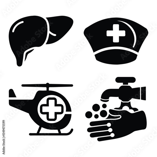 Black Glyph Icons Set Liver Nurse Helicopter Handwash Medical Healthcare Symbols