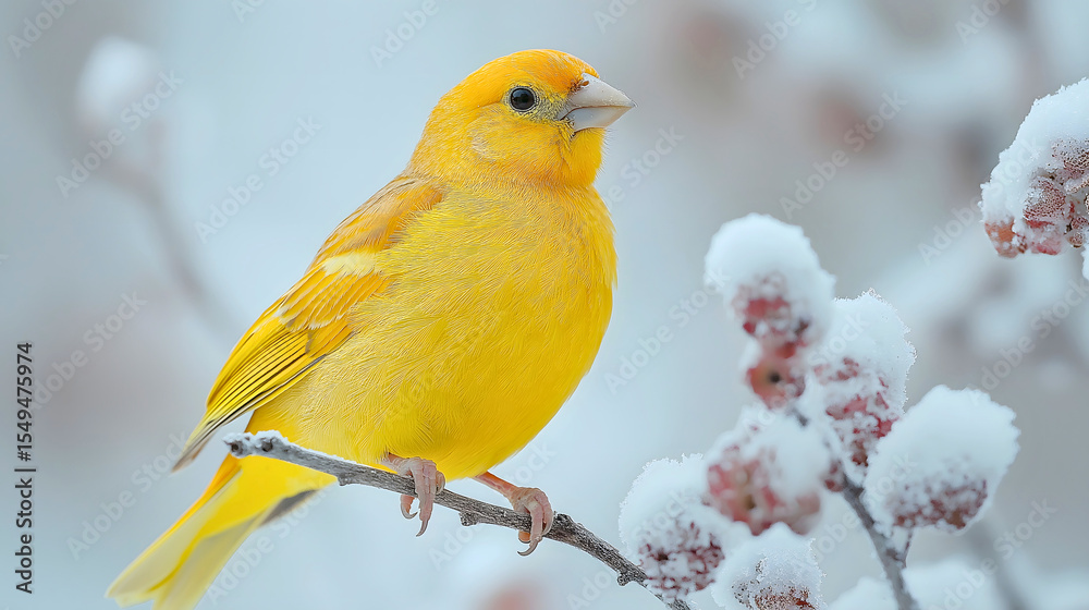 Vibrant Canary in Winter's Embrace: A vivid yellow canary perches serenely on a snow-dusted branch, a striking contrast to the winter wonderland. capturing a moment of resilience and beauty. Vibrant Canary in Winter's Embrace: A vivid yellow canary perches serenely on a snow-dusted branch, a striking contrast to the winter wonderland. capturing a moment of resilience and beauty.