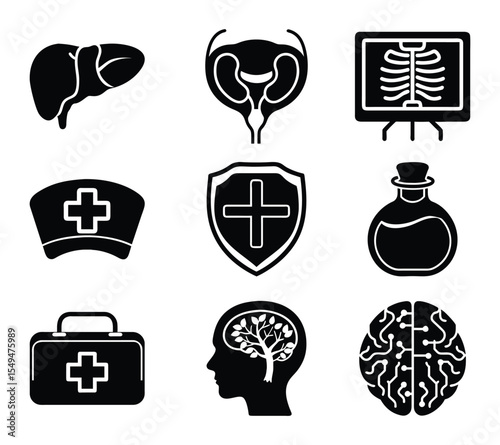 Black Glyph Icons Set Medical Healthcare Liver Bladder X Ray Nurse Hat Shield Bottle First Aid
