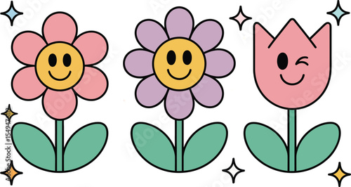 Vibrant cartoon flowers with butterflies flutter in a whimsical illustration of a spring garden, perfect for a cute summer design