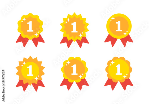 Sparkled Gold Ranking Medal Collection with Red Ribbon and Numbers. Vector Gold Ranking Medals Illustration