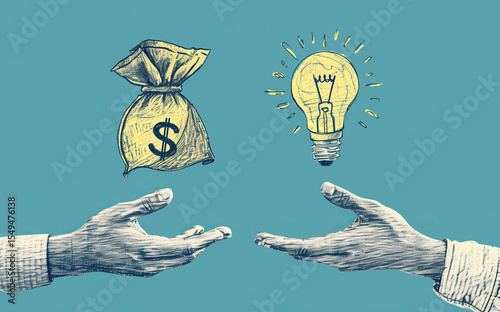 Artistic image showing a hand reaching for a light bulb and another for a money bag, representing the power of ideas and economic exchange.