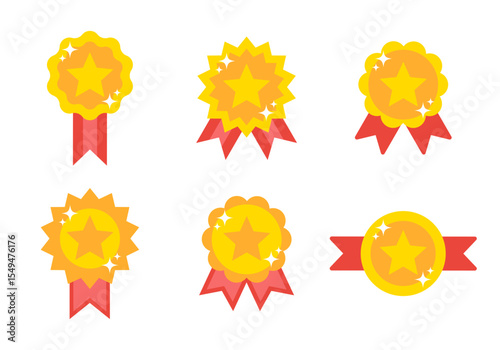 Sparkled Gold Ranking Medal Collection with Red Ribbon and Stars. Vector Gold Ranking Medals Illustration
