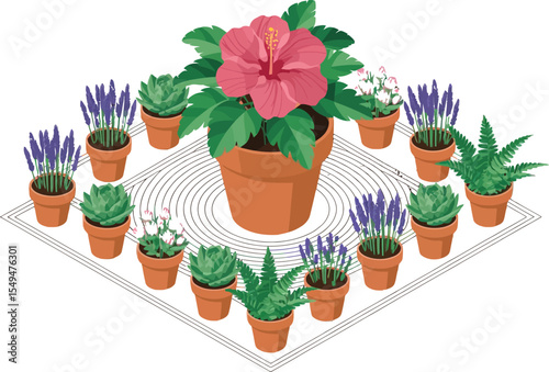 Carrots growing in decorative pots with colorful floral elements