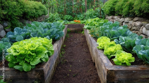 Serene Home Vegetable Garden Featuring Vibrant Green Lettuce and Fresh Cabbage in Rustic Wooden Raised Beds Surrounded by Lush Greenery and Nature's Bounty