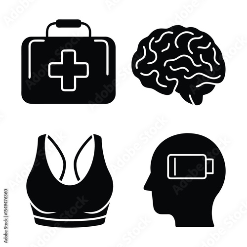 Black Silhouette Icons First Aid Kit Brain Sports Bra Low Battery Head medical kit
